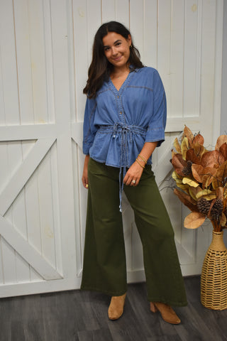 Snatched Waist Denim Collared Blouse
