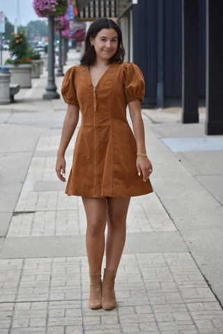 Sophisticated Camel V-Neck Soft Zip Dress