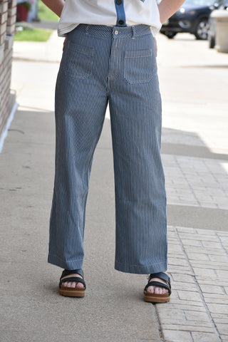 Coastal High-Waisted Striped Wide-Leg Denim Jeans