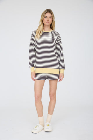 Charcoal & Cream Boxy Striped Knit Top with Yellow Trim