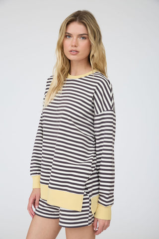 Charcoal & Cream Boxy Striped Knit Top with Yellow Trim