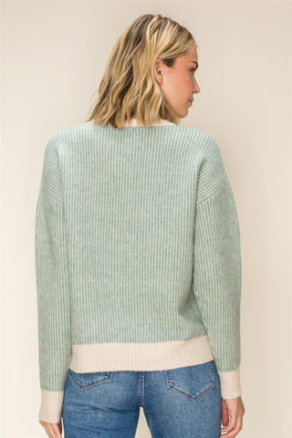 Olive & Cream Two-Tone Ribbed Vertical Stripe Pullover Sweater