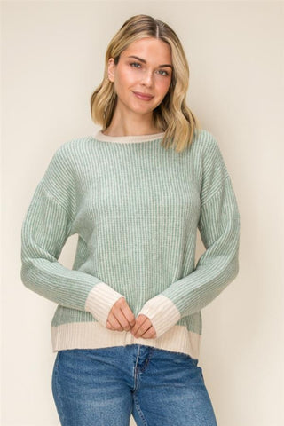 Olive & Cream Two-Tone Ribbed Vertical Stripe Pullover Sweater