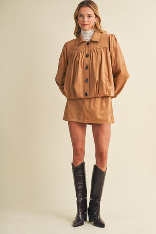 Gathered Suede Bubble Hem Jacket – Pleated Chic Outerwear