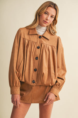 Gathered Suede Bubble Hem Jacket – Pleated Chic Outerwear