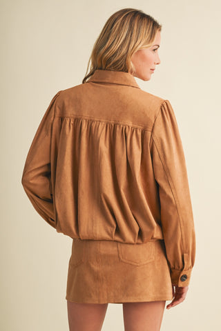 Gathered Suede Bubble Hem Jacket – Pleated Chic Outerwear