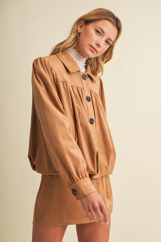 Gathered Suede Bubble Hem Jacket – Pleated Chic Outerwear