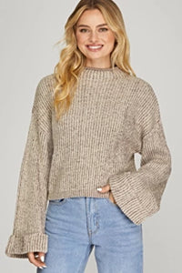 Two-tone mock neck, wide sleeve sweater