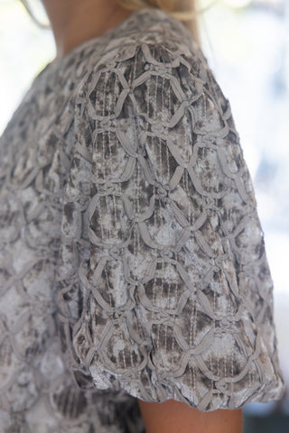 Silver Trellis Crushed Velvet Bubble Sleeve Blouse