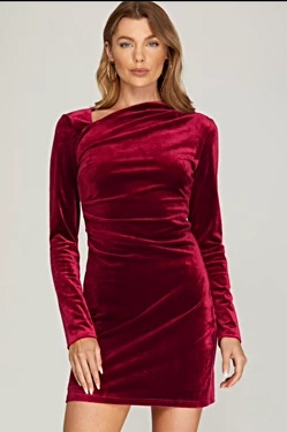 Velvet asymmetrical neck dress (wine)