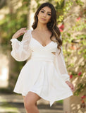 White two-way mini dress with puff sleeves for graduation, bachelorette party