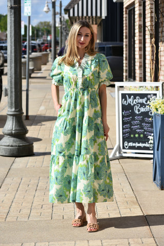 Midi dress with short puff sleeve and contrast ruffled detail at V'd neckline