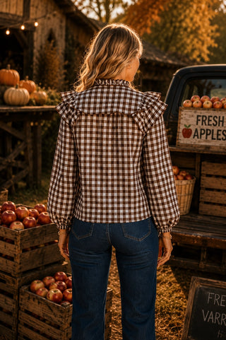 Autumn Gingham Ruffle Collar Tie-Neck Blouse