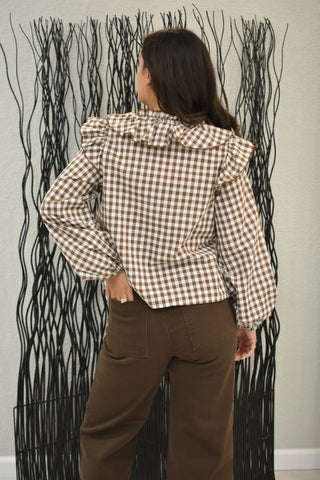 Autumn Gingham Ruffle Collar Tie-Neck Blouse