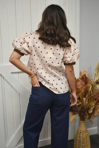 Vintage Chic Polka Dot Puff Sleeve V-Neck Blouse