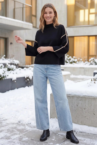 Sutton Luxe Mock Neck 3/4 Sleeve Sweater – Black/Cream