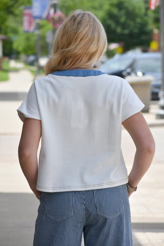 Modern Two-Tone Contrast Denim Short Sleeve Top