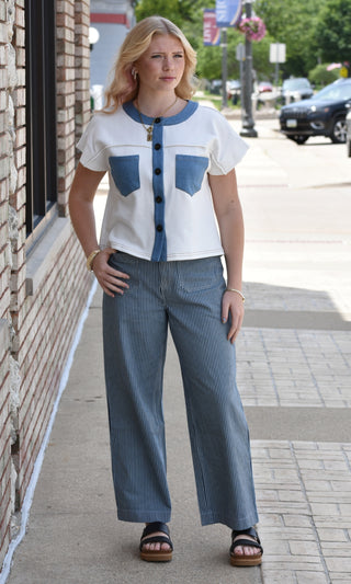 Modern Two-Tone Contrast Denim Short Sleeve Top