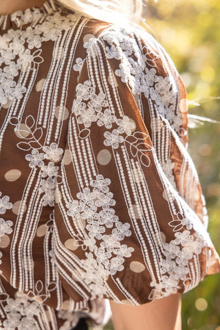 Floral Embroidered Ruffle Neck Chiffon Blouse with Puff Sleeves