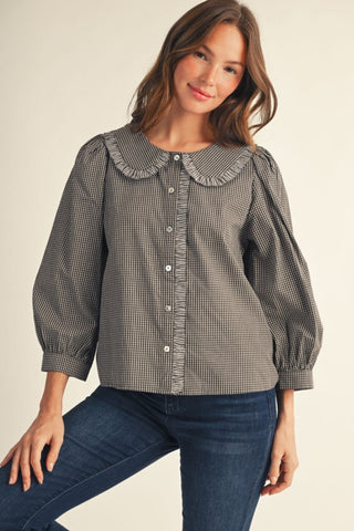 Gingham Ruffle Peter Pan Collar 3/4 Sleeve Blouse