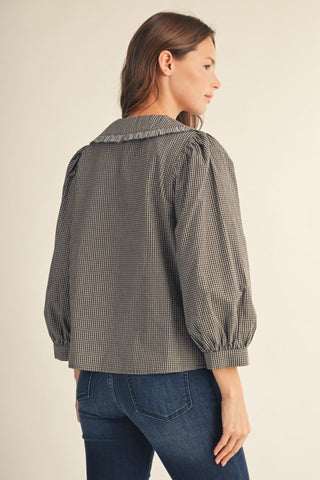 Gingham Ruffle Peter Pan Collar 3/4 Sleeve Blouse