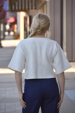 Eleanor Cream Cropped Knit Cardigan – Bold Button 3/4 Sleeve Sweater