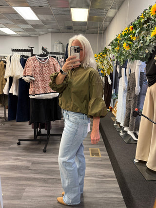 Olive Green Essence Collared Puff Sleeve Blouse