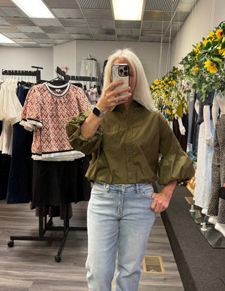 Olive Green Essence Collared Puff Sleeve Blouse