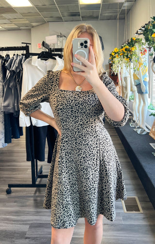 Leopard Jacquard Knit Square Neck Flare Mini Dress