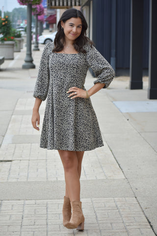 Leopard Jacquard Knit Square Neck Flare Mini Dress
