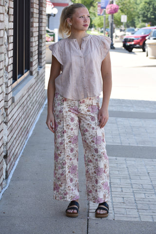 Bloom & Sculpt High-Waisted Floral Jeans with Front Seam - Cream Vintage