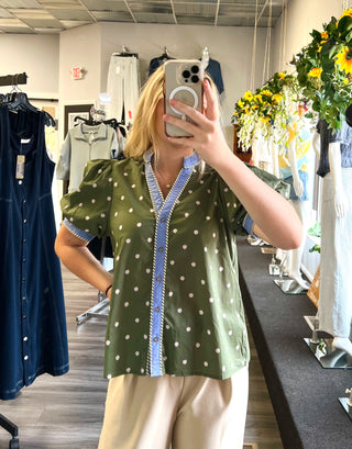 Vintage Chic Polka Dot Puff Sleeve V-Neck Blouse