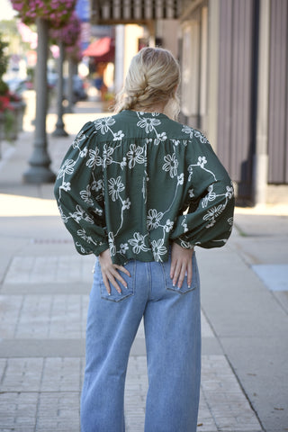 Willow Olive & Cream Floral Flowy Bishop Sleeve Blouse