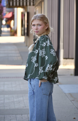 Willow Olive & Cream Floral Flowy Bishop Sleeve Blouse