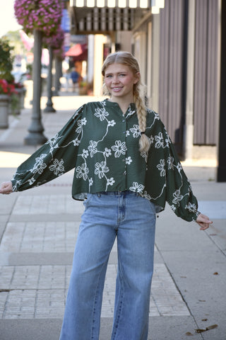 Willow Olive & Cream Floral Flowy Bishop Sleeve Blouse