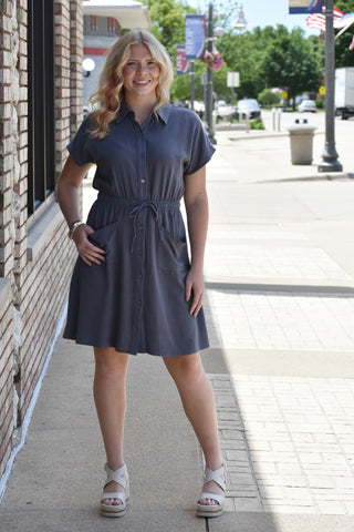 Linen Blend Drawstring Waist Button-Down Shirt Dress