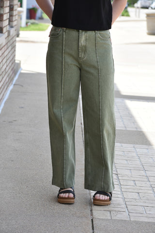 Sienna High-Waist Seamed Denim – Washed Olive
