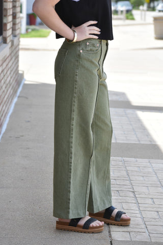 Sienna High-Waist Seamed Denim – Washed Olive