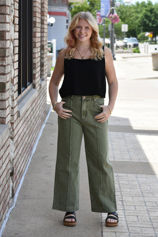 Sienna High-Waist Seamed Denim – Washed Olive