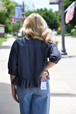 Navy & Brown Plaid Ruffle Hem Mid-Sleeve Blouse