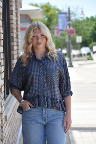 Navy & Brown Plaid Ruffle Hem Mid-Sleeve Blouse