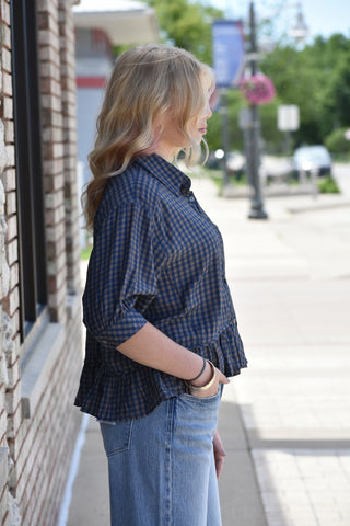 Navy & Brown Plaid Ruffle Hem Mid-Sleeve Blouse