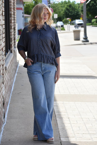 Navy & Brown Plaid Ruffle Hem Mid-Sleeve Blouse