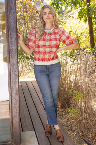 Ruby Gingham Puff Sleeve Top – Vintage Red & Taupe Plaid