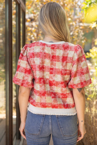 Ruby Gingham Puff Sleeve Top – Vintage Red & Taupe Plaid