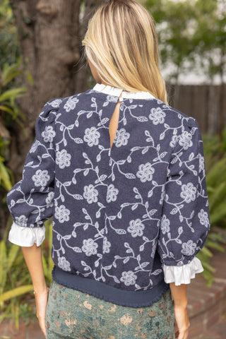 Eliza Vintage-Inspired Floral Embroidered Top with Ruffle Detail