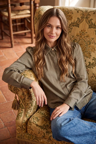 Elegant Olive Satin Long Sleeve Button-Down Blouse