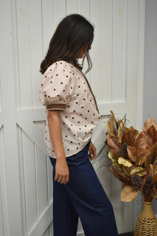 Vintage Chic Polka Dot Puff Sleeve V-Neck Blouse