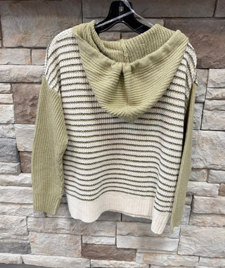 Sage Striped Henley Hooded Sweater | Cozy Fall Knit