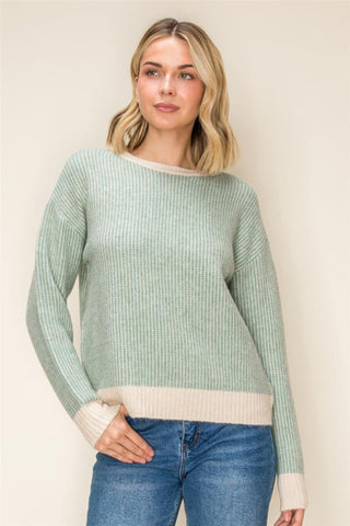 Olive & Cream Two-Tone Ribbed Vertical Stripe Pullover Sweater